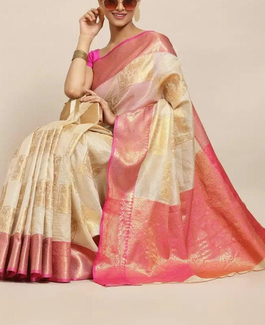 Beige Pink Woven Design Zari Jute Silk Tussar Sari with Geometric Pattern Zari Border Tussar Silk Ethnic Wedding Partywear Festive Occasions