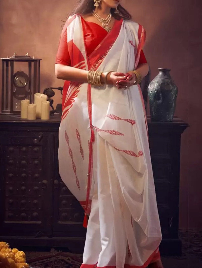 Ethnic Motifs Designer Baluchari Saree in Red White with Printed Border Ideal for Bohemian Style Indian Sari Wedding Guest Festive Occasions