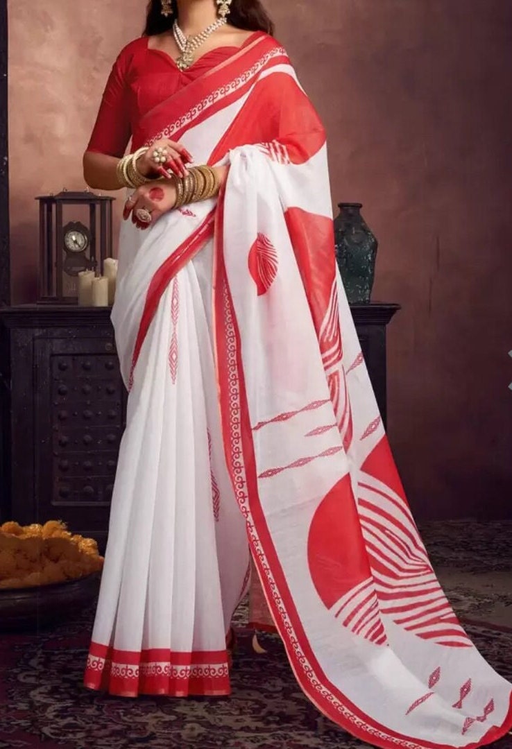 Ethnic Motifs Designer Baluchari Saree in Red White with Printed Border Ideal for Bohemian Style Indian Sari Wedding Guest Festive Occasions