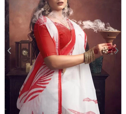 Ethnic Motifs Designer Baluchari Saree in Red White with Printed Border Ideal for Bohemian Style Indian Sari Wedding Guest Festive Occasions