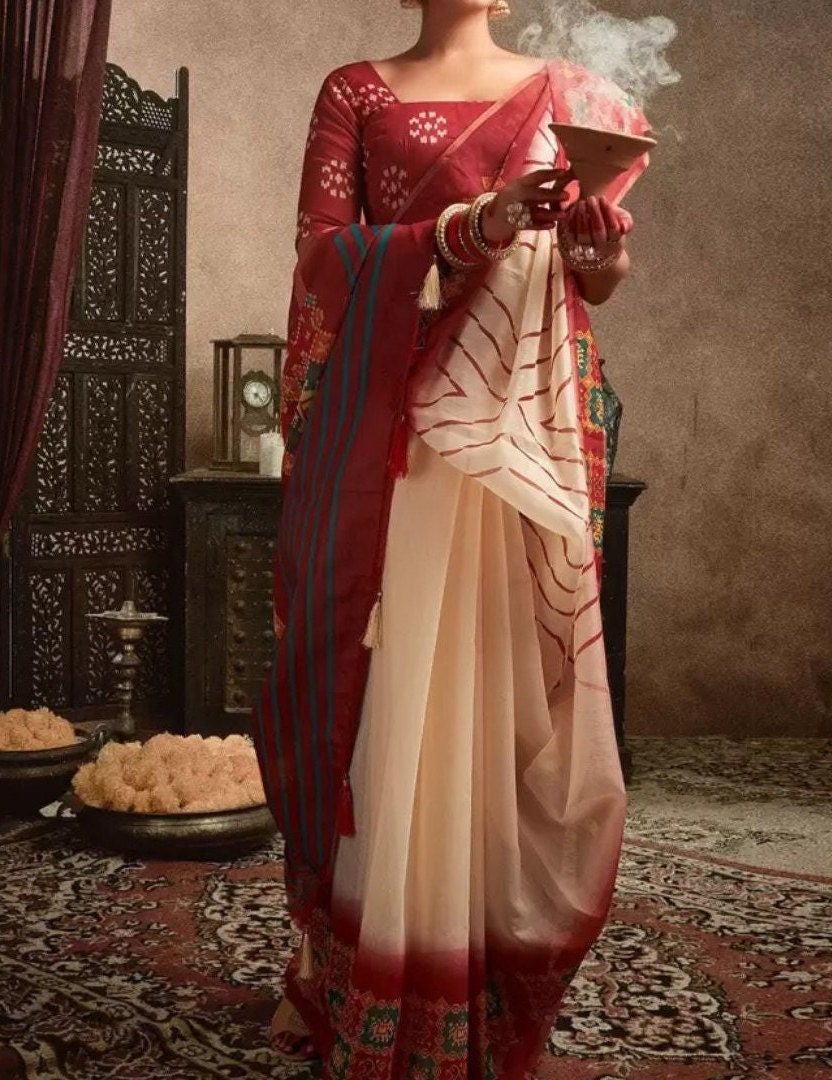 Maroon White Baluchari Saree with Ethnic Motifs Printed Border Bohemian Style Wedding Guest Partywear Festive Occasions Indian Saree for USA