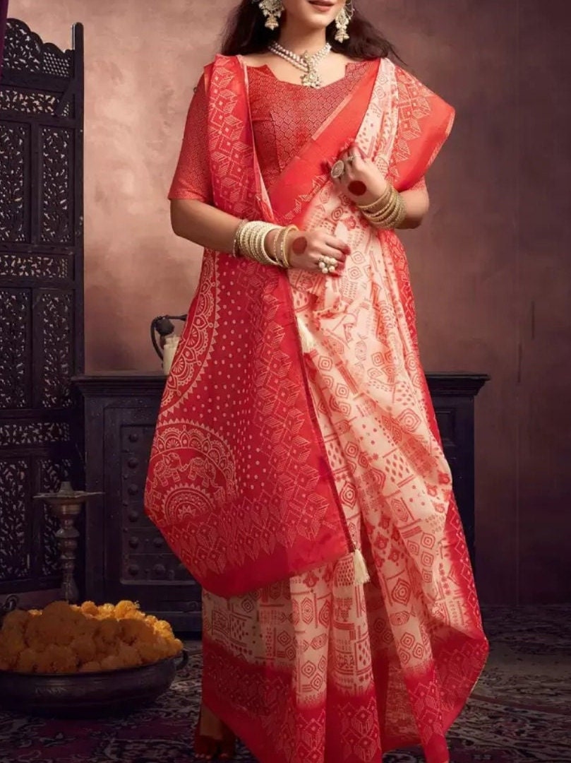 Red White Baluchari Saree Ethnic Motifs Printed Border Ideal Bohemian Style Wedding Guest Partywear Festive Occasions Indian Saree for USA