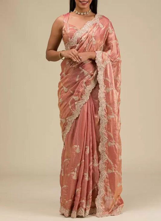 Peach Colored Floral Embroidered Zari Tissue Saree with Elegant Gold Tones FREE Matching Petticoat Perfect for Weddings Pooja Bridal Wear