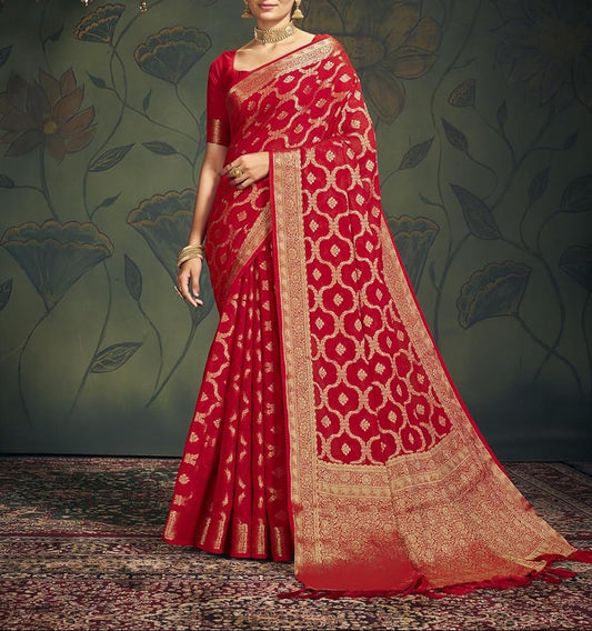 Women's Red Georgette Bridal Saree with Soft Woven Zari Work and Blouse Piece Ideal Indian Wedding Saree Elegant Festive Bridal Wear