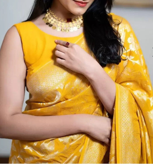 Yellow Gold Toned Ethnic Motifs Banarasi Saree with Zari Woven Design Elegant Indian Wedding Wear Perfect for Pooja Festive Celebrations