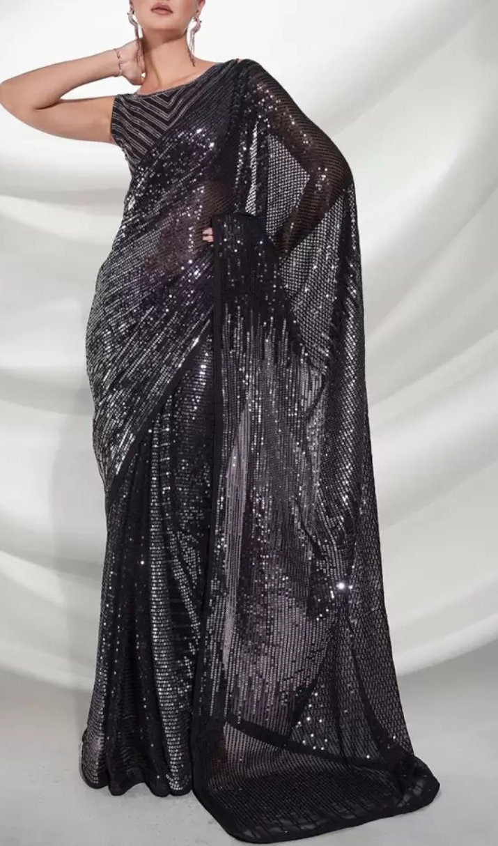 Embellished Sequinned Pure Georgette Saree, Black and silver saree, Embellished saree with embellished border, Saree With FREE Petticoat