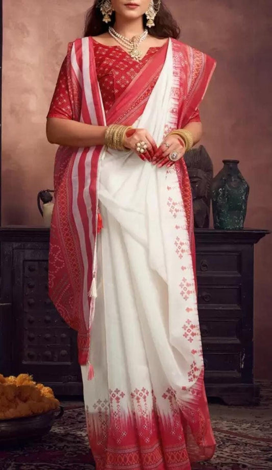 Silk Cotton Baluchari Saree, Red and white Baluchari saree, Solid saree with woven design border With Blouse piece and FREE Petticoat
