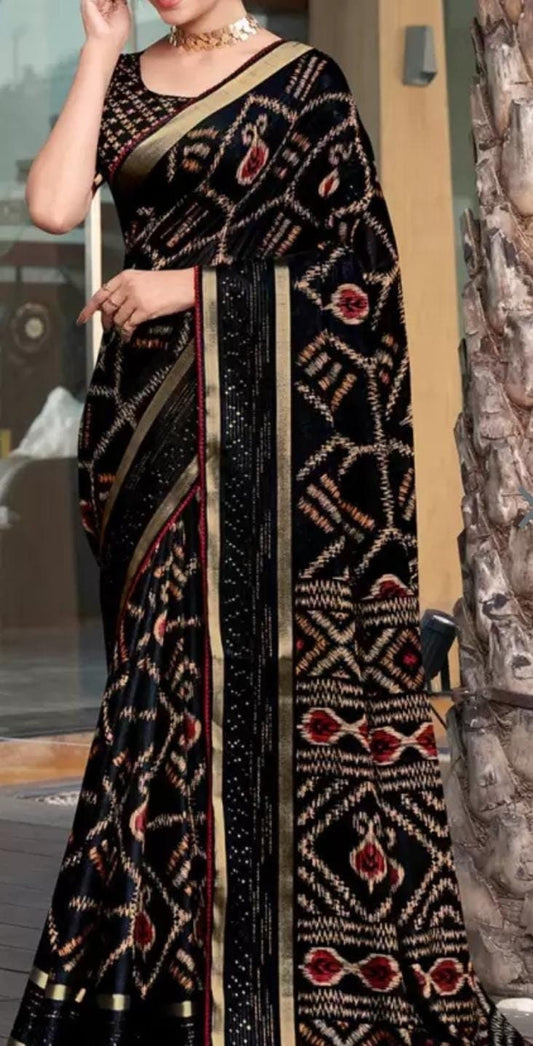 Printed Zari Cotton Saree, Black and brown saree, Geometric printed saree with embellished border with FREE Petticoat