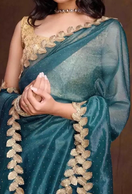 Embellished Beads and Stones Net Saree, Teal and gold-toned saree, Saree with FREE Petticoat.
