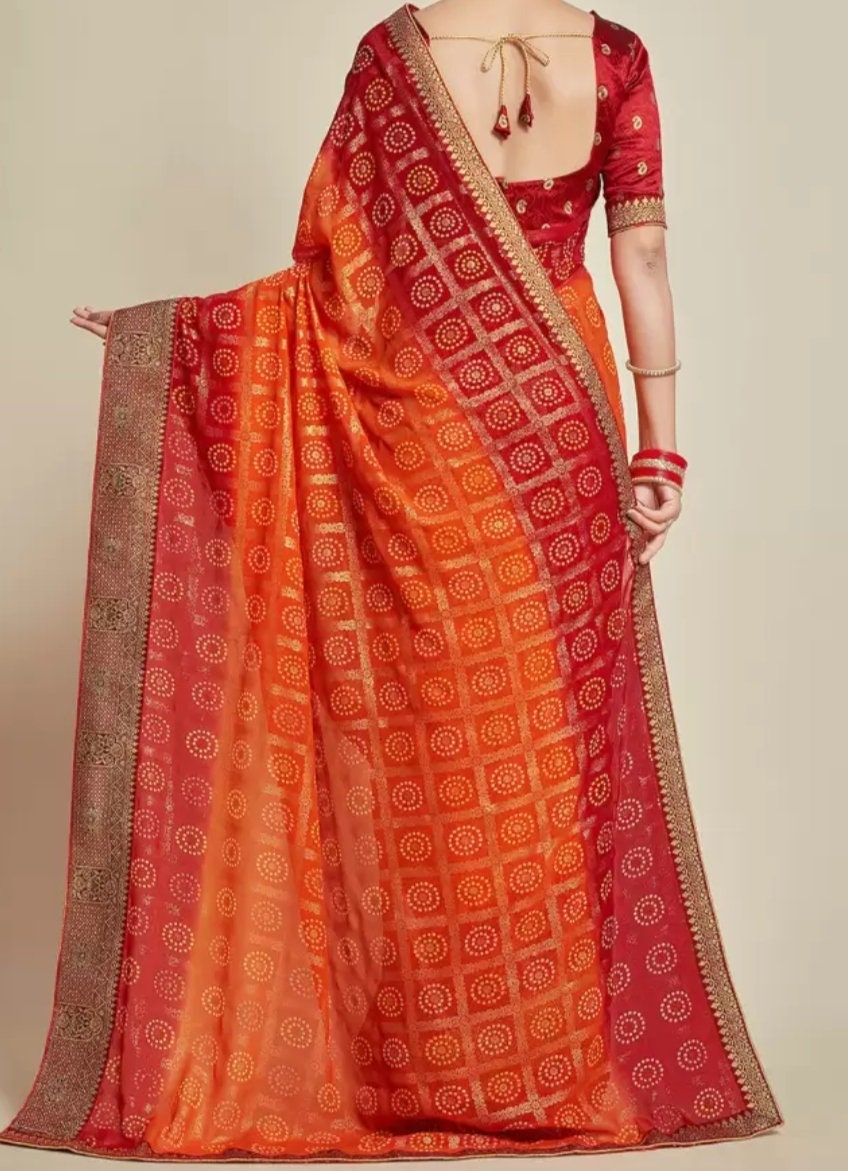 Orange Printed Zari Pure Georgette Bandhani Saree, Printed saree with woven design border Saree With FREE Matching Petticoat