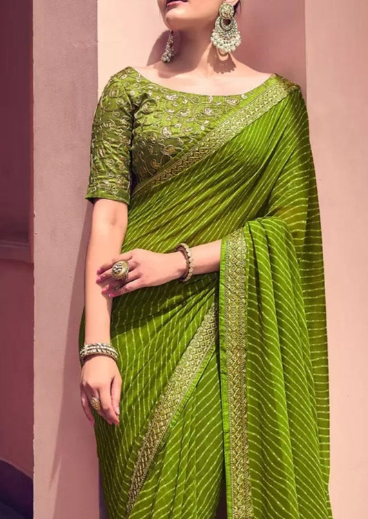 Green & White Leheriya Printed Embroidered Poly Georgette Leheriya Saree, Saree With FREE Petticoat