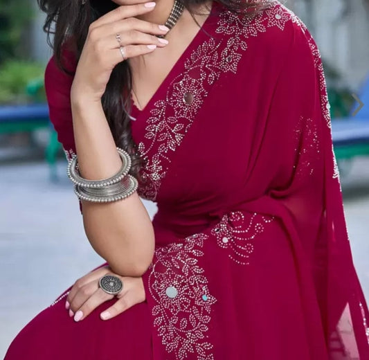 Mirror Work Pure Georgette Saree in Pink Magenta with Embroidered Border Includes Free Petticoat Ideal for Weddings Pooja Ethnic Wear