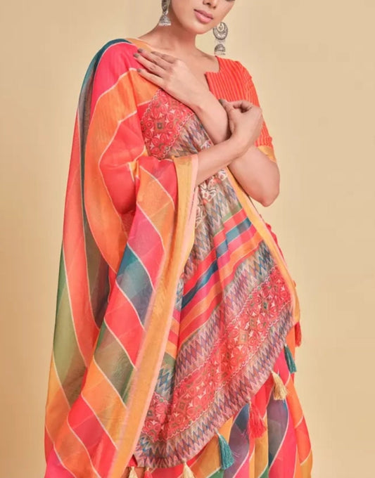 Zari border Orange & Green Printed Pure Cotton Saree, Geometric printed saree with solid border, Saree with FREE Matching Petticoat