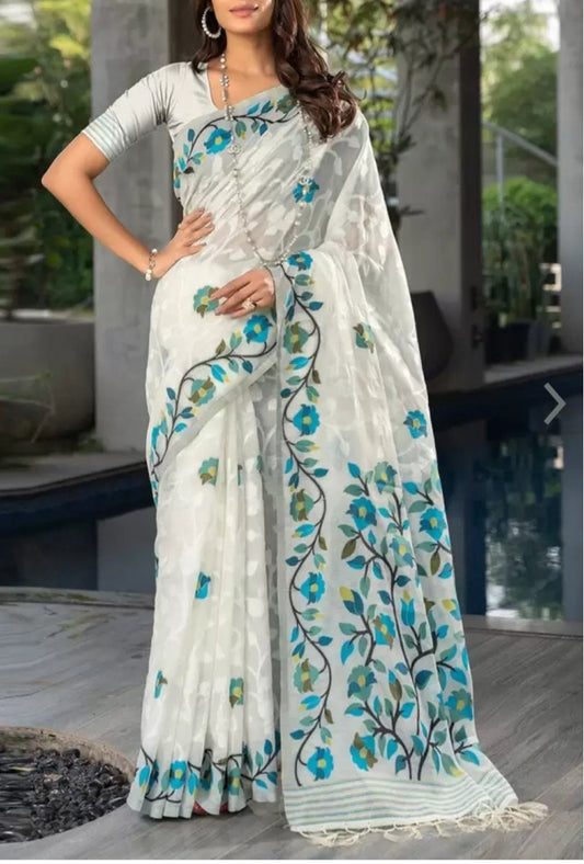 WHITE & BLUE Woven Design Pure Cotton Jamdani Saree, Woven design saree with woven design border, Saree FREE Matching Petticoat