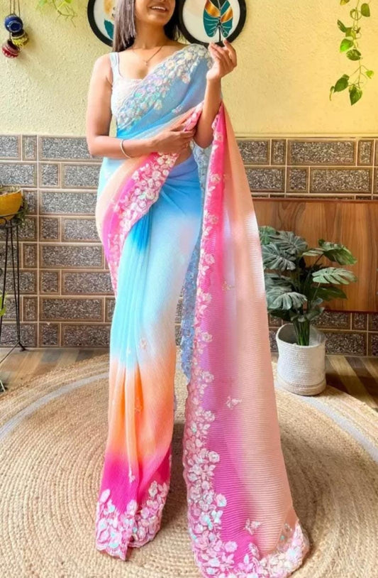 Blue Poly Georgette Saree with Ethnic Motif Embroidery Sequinned Embellished Border Color Block Design Ideal for Weddings Festive Events