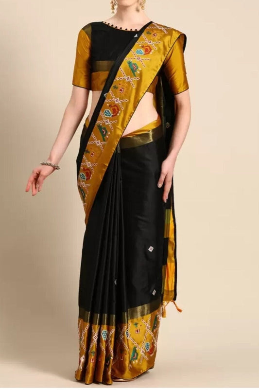 Silk Cotton Woven Design Embroidered Patola Saree With Blouse Piece, Black and Mustard Patola saree, Saree With FREE Matching Petticoat