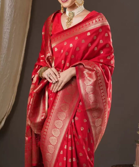 Floral Zari Banarasi Saree, Red & gold-toned banarasi saree, woven design with woven design border, Saree With FREE Matching Petticoat