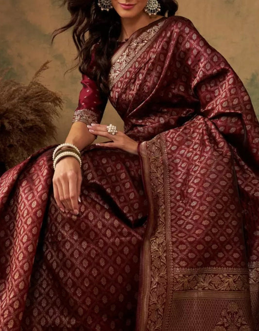 Woven Design Zari Banarasi Saree, Maroon gold-toned saree, Woven design saree with woven design border, Saree With FREE Matching Petticoat