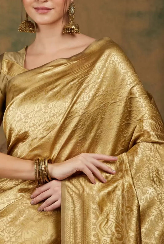 Ethnic Motif Woven-Design Banarasi Saree, Golden Banarasi saree, Saree With FREE Matching Petticoat