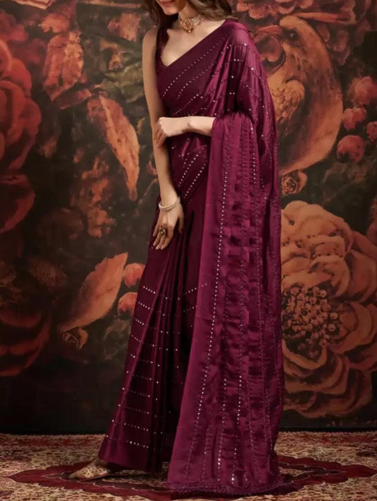 Magenta Pure Georgette Saree with Embellished Mirror Work and FREE Matching Petticoat Ideal for Weddings Pooja and Traditional Celebrations