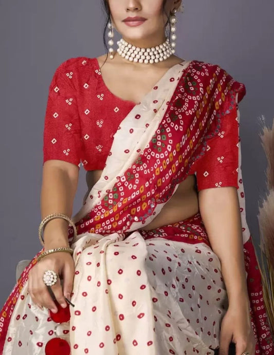 Bandhani  Art Silk Saree, Cream and red saree, Bandhani printed saree with embellished border,With FREE Matching Petticoat
