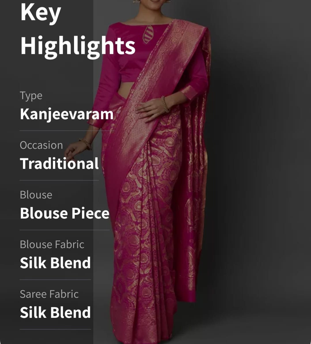 Pink & Gold-Toned Silk Blend Woven Design Kanjeevaram Saree, Saree With FREE Matching Petticoat