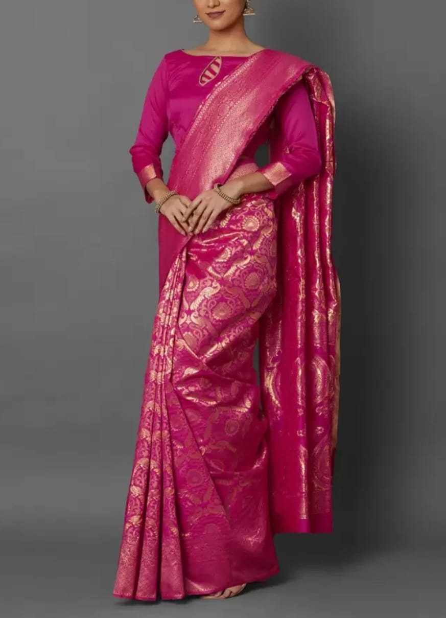 Pink & Gold-Toned Silk Blend Woven Design Kanjeevaram Saree, Saree With FREE Matching Petticoat