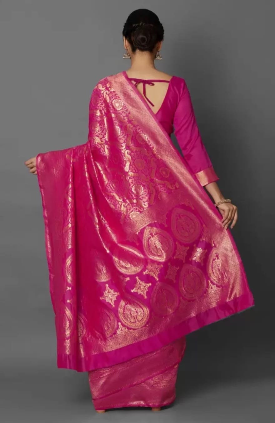 Pink & Gold-Toned Silk Blend Woven Design Kanjeevaram Saree, Saree With FREE Matching Petticoat