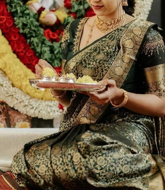 Ethnic Motifs Woven Design Zari Banarasi Silk Kanjeevaram Saree, Green and gold-toned kanjeevaram saree, Saree With FREE Matching Petticoat