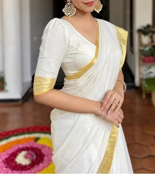 Zari Silk Cotton Kanjeevaram Saree, White and gold-toned kanjeevaram saree, Saree With FREE Matching Petticoat