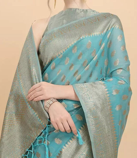 Blue Gold Toned Woven Design Chanderi Cotton Saree Elegant Zari Border Bridal Wear Saree Indian Festivals Puja Gift Set Banarasi Style Sari