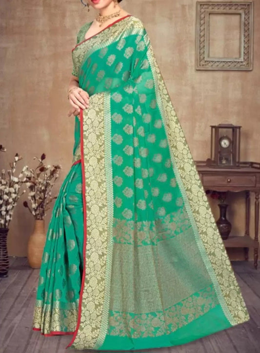 Green Gold Toned Woven Design Zari Pure Cotton Chanderi Saree Elegant Bridal Party Wear Saree Heavy Work Zari Border Sari Gift Set for Puja