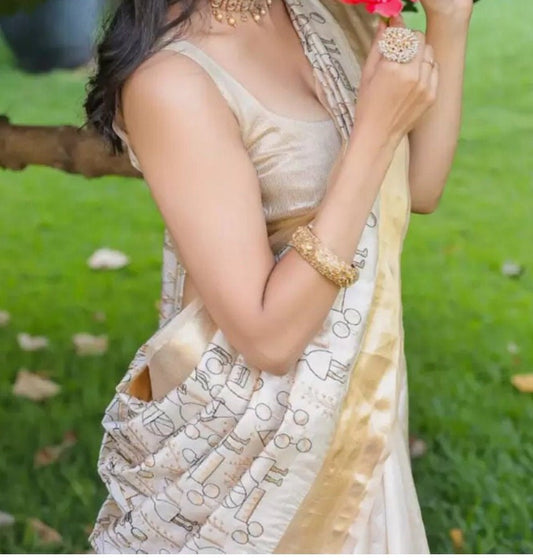 Designer Cream & Gold Tussar Saree Woven Zari Jute Silk FREE Matching Petticoat Elegant Ethnic Wear for Weddings Parties