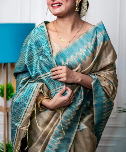 Sea Green Beige Embellished Zari Jute Silk Tussar Saree with Woven Design Border Ethnic Wedding Partywear Handloom Boutique Festive Bridal