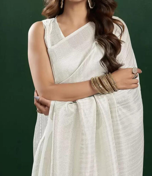 Silver Toned White Kanjeevaram Saree with Zari Woven Design Includes Free Matching Petticoat Perfect for Pooja Weddings Ethnic Celebrations