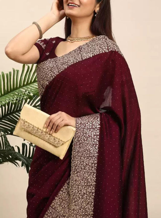 Poly Silk Magenta Maroon Silver Toned Embellished Embroidered Saree with Woven Design Border Perfect for Weddings Parties Festive Occasions