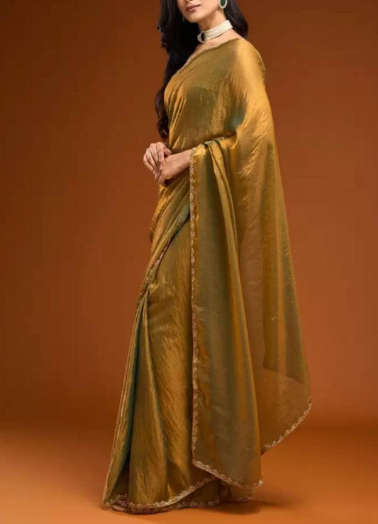 Gold & Silver-Toned Embellished Saree with Beads and Stones Designer Tissue Saree with FREE Matching Petticoat Luxury Wedding Reception Wear