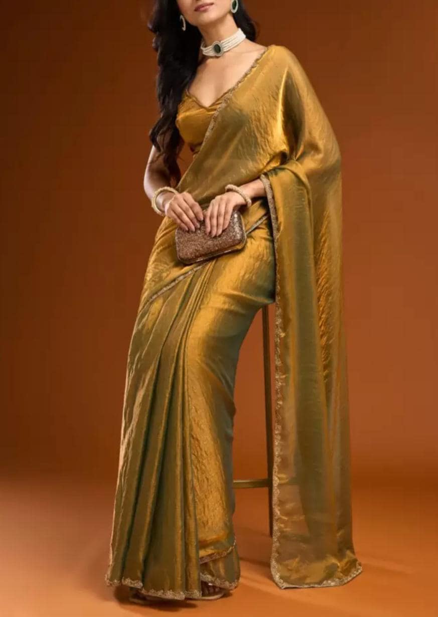 Gold & Silver-Toned Embellished Saree with Beads and Stones Designer Tissue Saree with FREE Matching Petticoat Luxury Wedding Reception Wear