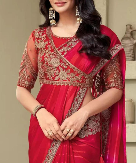 Pink Gold Toned Pure Georgette Saree with Embellished Border & Jacket Elegant Designer Saree with FREE Petticoat for Party Wedding Wear