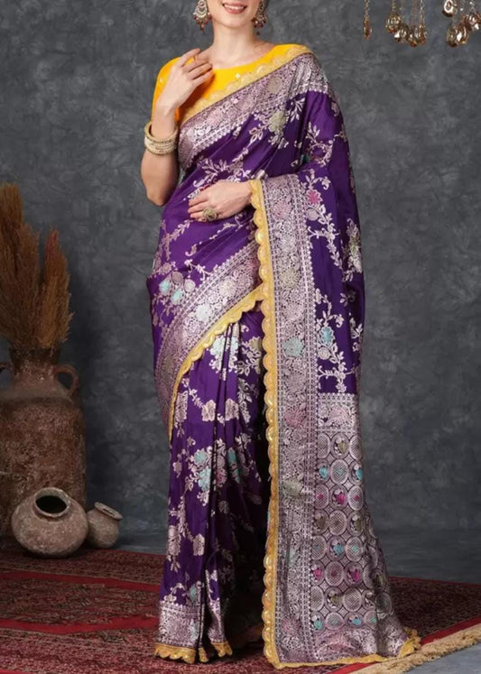 Purple Yellow Banarasi Saree with Ethnic Motifs Zari Woven Design Stunning Silk Saree with FREE Matching Petticoat for Bridal Festive Wear