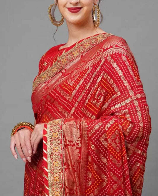 Exquisite Red Gold Toned Poly Georgette Bandhani Saree with Woven Design Embroidered Border Ideal for Weddings Pooja Celebrations