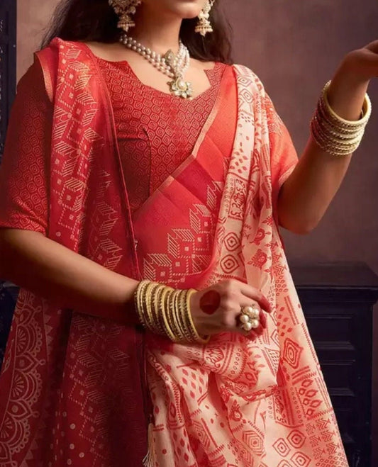 Red White Baluchari Saree Ethnic Motifs Printed Border Ideal Bohemian Style Wedding Guest Partywear Festive Occasions Indian Saree for USA