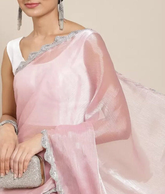 Elegant Pink Solid Embellished Border Saree in Pink Silver Tones with FREE Matching Petticoat best for Pooja Wear Partywear Festive Occasion