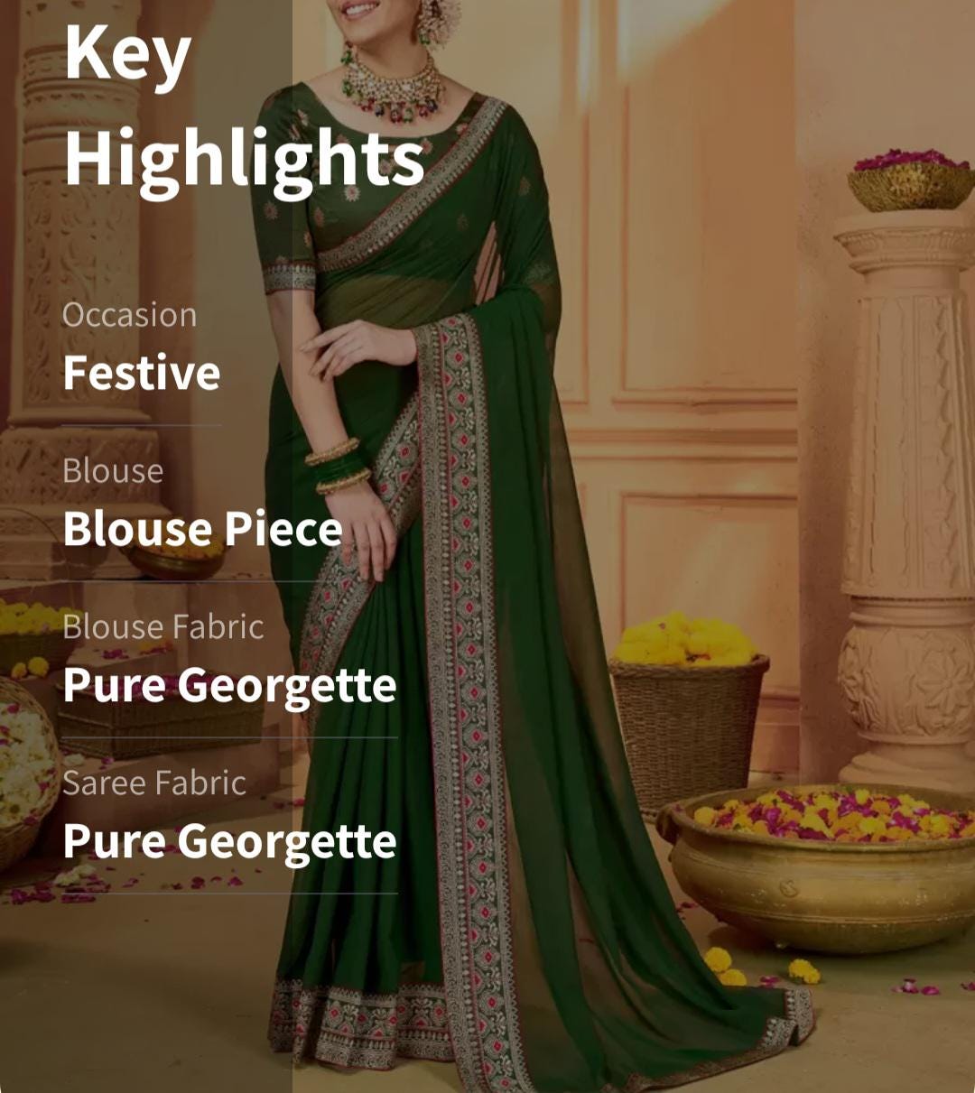 Elegant Green Gold Toned Pure Georgette Saree with Woven Design Border Blouse Piece FREE Matching Petticoat for Weddings Festive Occasions