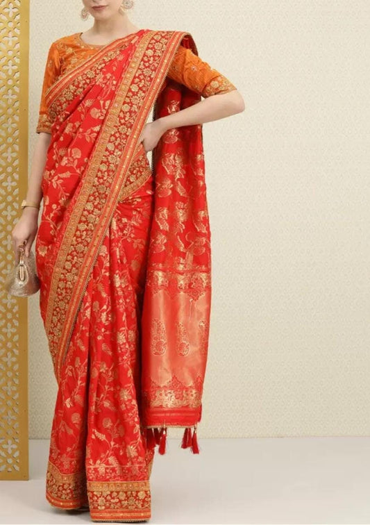 Luxury Red Gold-Toned Floral Sequinned Silk Blend Banarasi Saree with Traditional Zari Woven Design Perfect for Weddings Festive Occasions