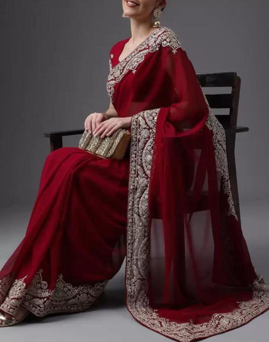 Elegant Maroon Silver Toned Embroidered Poly Georgette Saree Solid Design Embroidered Border for Party Wear Wedding Guests Festive Occasions