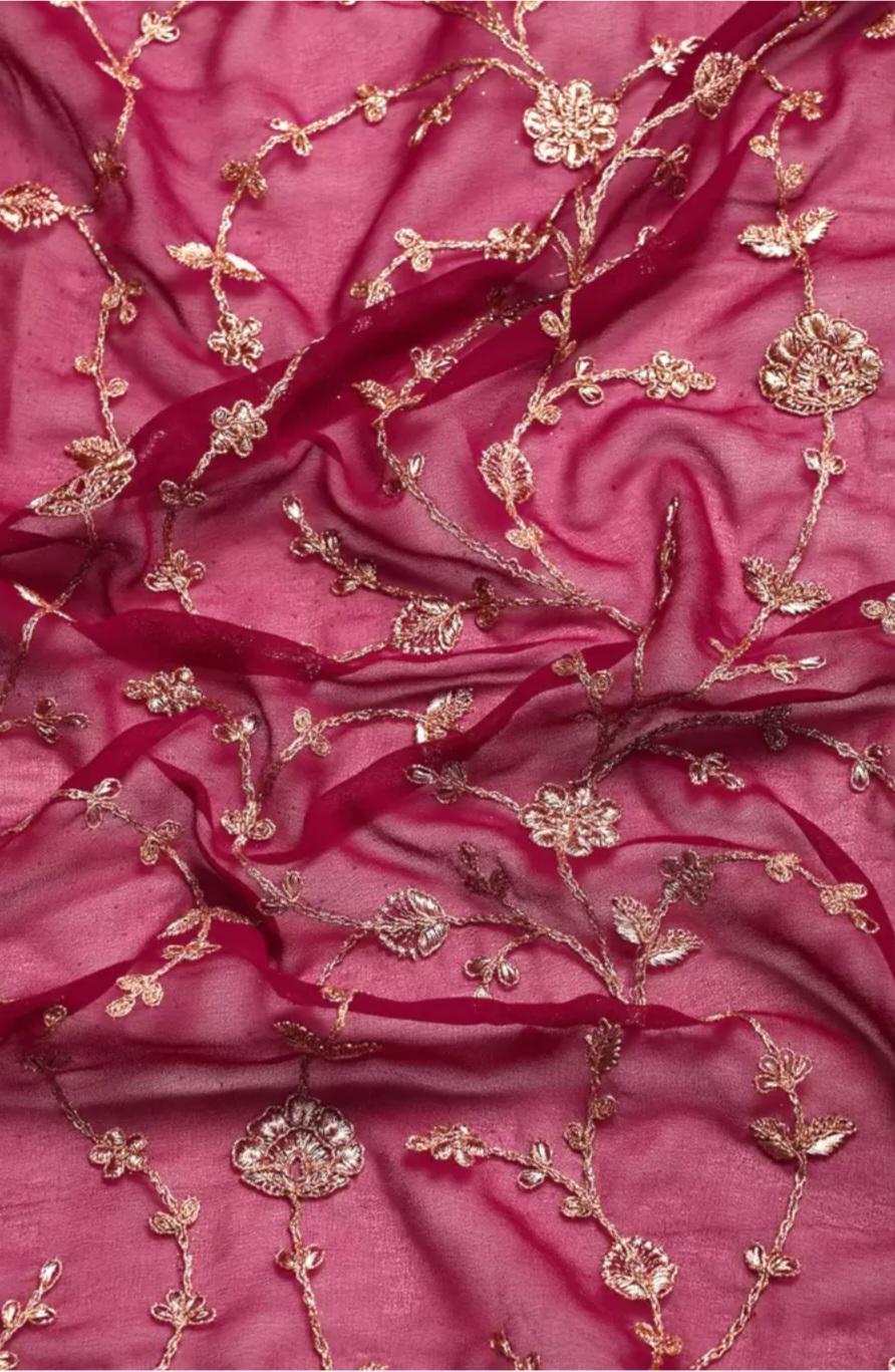 Ruffled Burgundy Gold Toned Floral Zari Georgette Saree Elegant Embroidered Design Ideal for Weddings Pooja Traditional Occasions