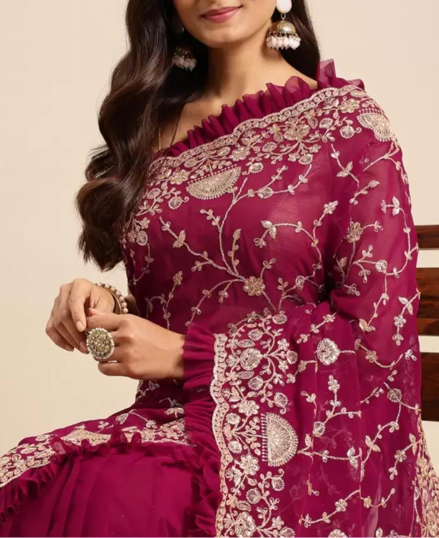 Ruffled Burgundy Gold Toned Floral Zari Georgette Saree Elegant Embroidered Design Ideal for Weddings Pooja Traditional Occasions