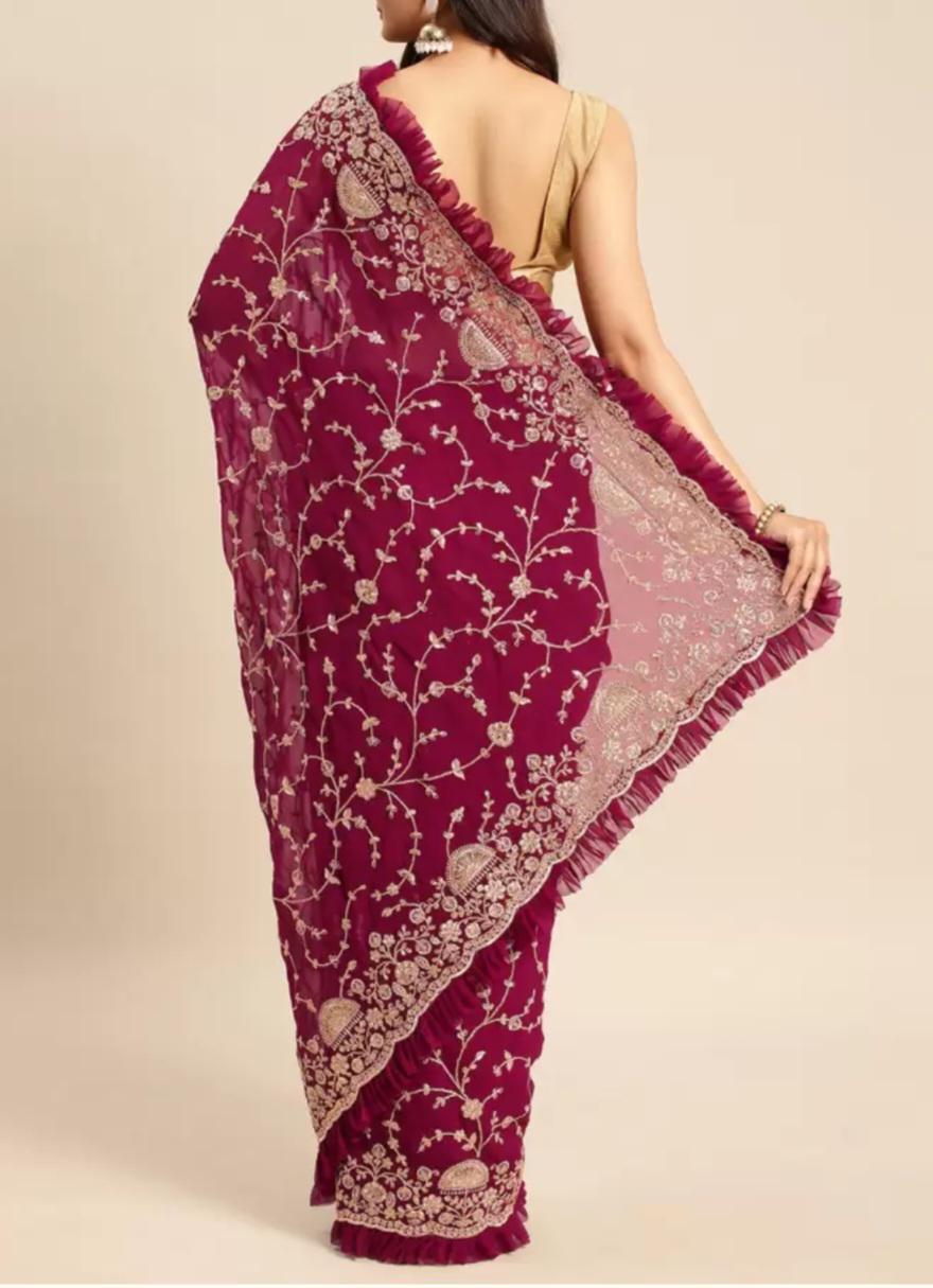 Ruffled Burgundy Gold Toned Floral Zari Georgette Saree Elegant Embroidered Design Ideal for Weddings Pooja Traditional Occasions