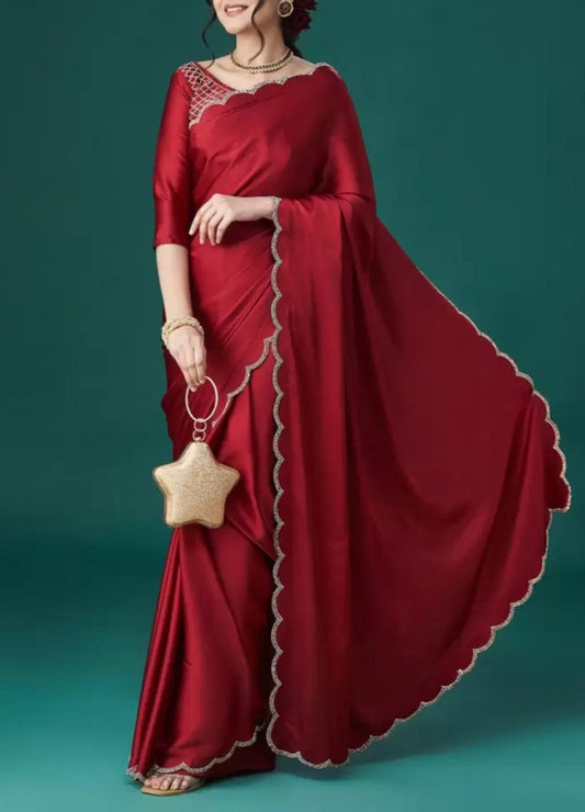 Maroon Silver-Toned Beaded and Stone Embellished Satin Saree with Free Matching Petticoat Satin Blouse Ideal for Weddings Festive Occasions